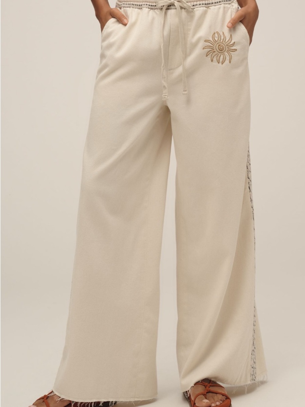 Pilcro Cream Wide-Leg Drawstring Pants with Sun Embroidery